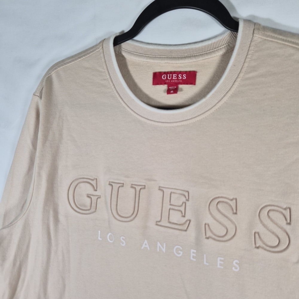 GUESS Los Angeles Men's M Beige Logo Long Sleeve Crewneck Shirt Embroidered